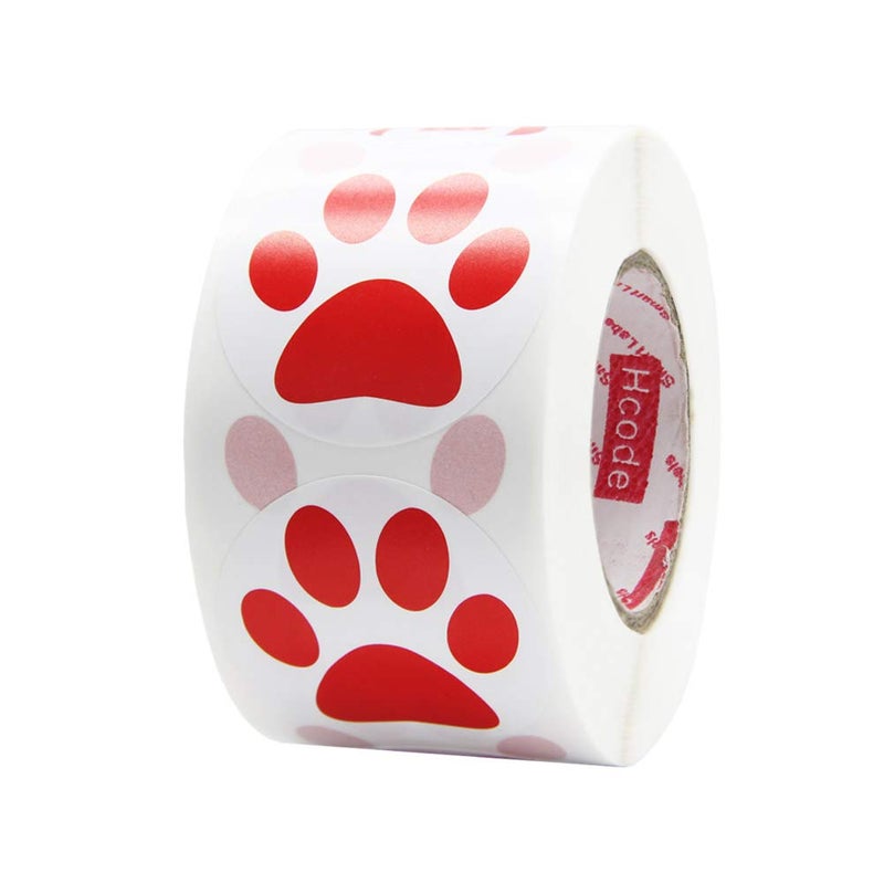 Hcode 1.5" Round Red Bear Paw Print Stickers Dog Puppy Paw Stickers 500 Pieces per Roll (1 roll, red) - Image 1